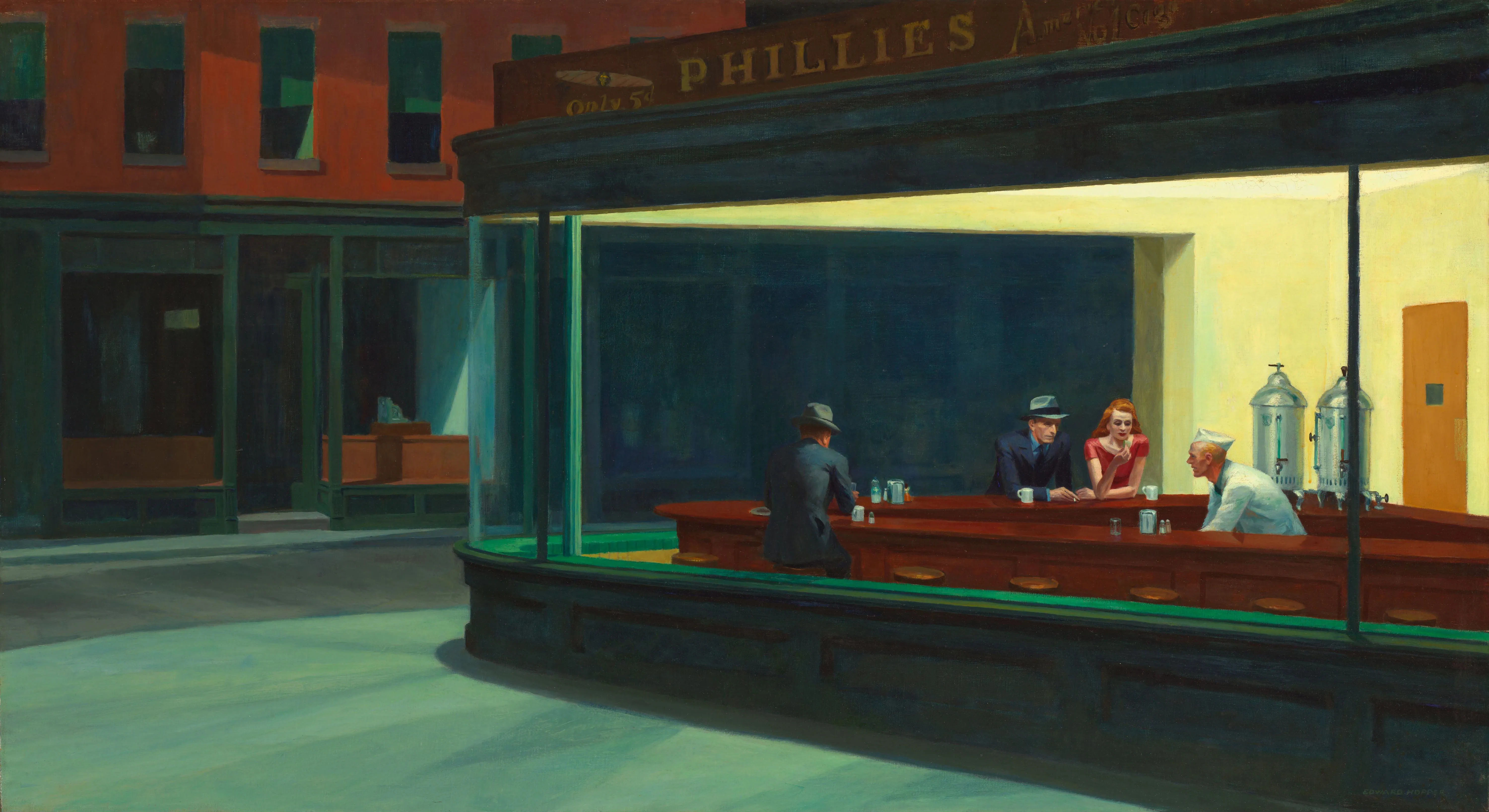 Nighthawks (1942) by Edward Hopper showing four figures in a brightly lit glass-walled diner on an empty street corner at night, with the interior light spilling onto the dark sidewalk outside
