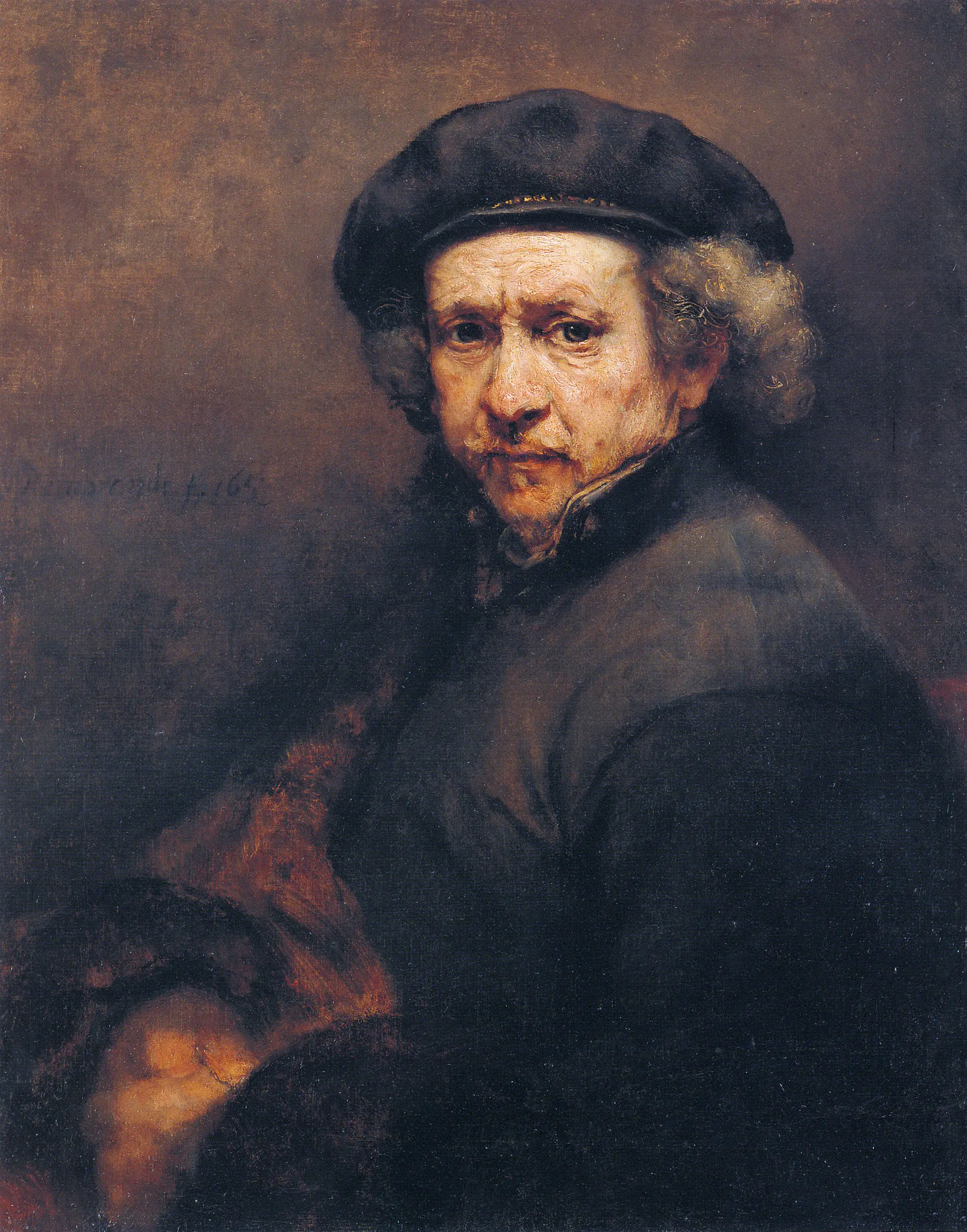 Self-Portrait with Beret and Turned-Up Collar by Rembrandt showing masterful impasto highlights against transparent shadow glazes