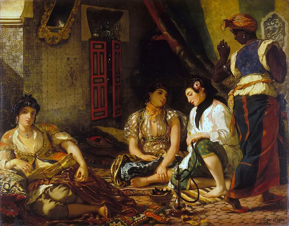 Eugène Delacroix, Women of Algiers in Their Apartment (1834). Three women recline in an ornate Oriental interior with Persian rugs and woven tapestries, while a fourth woman, a servant, exits the room