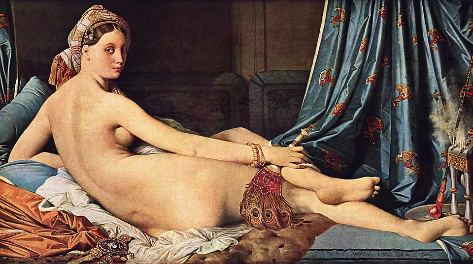 Jean-Auguste-Dominique Ingres, La Grande Odalisque (1814). A reclining nude woman with an elongated back, looking over her shoulder at the viewer, in a Turkish harem setting with a fan and a hookah