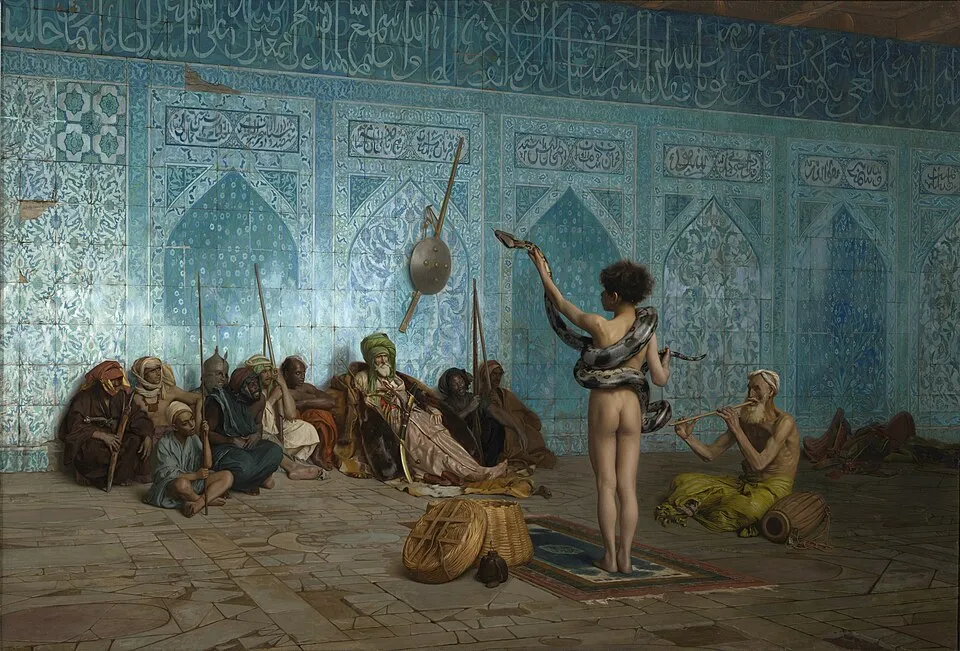 Jean-Léon Gérôme, The Snake Charmer (c. 1879). A naked boy holding a large snake stands before a group of seated men in a palatial setting with blue Islamic tiles and Arabic inscriptions