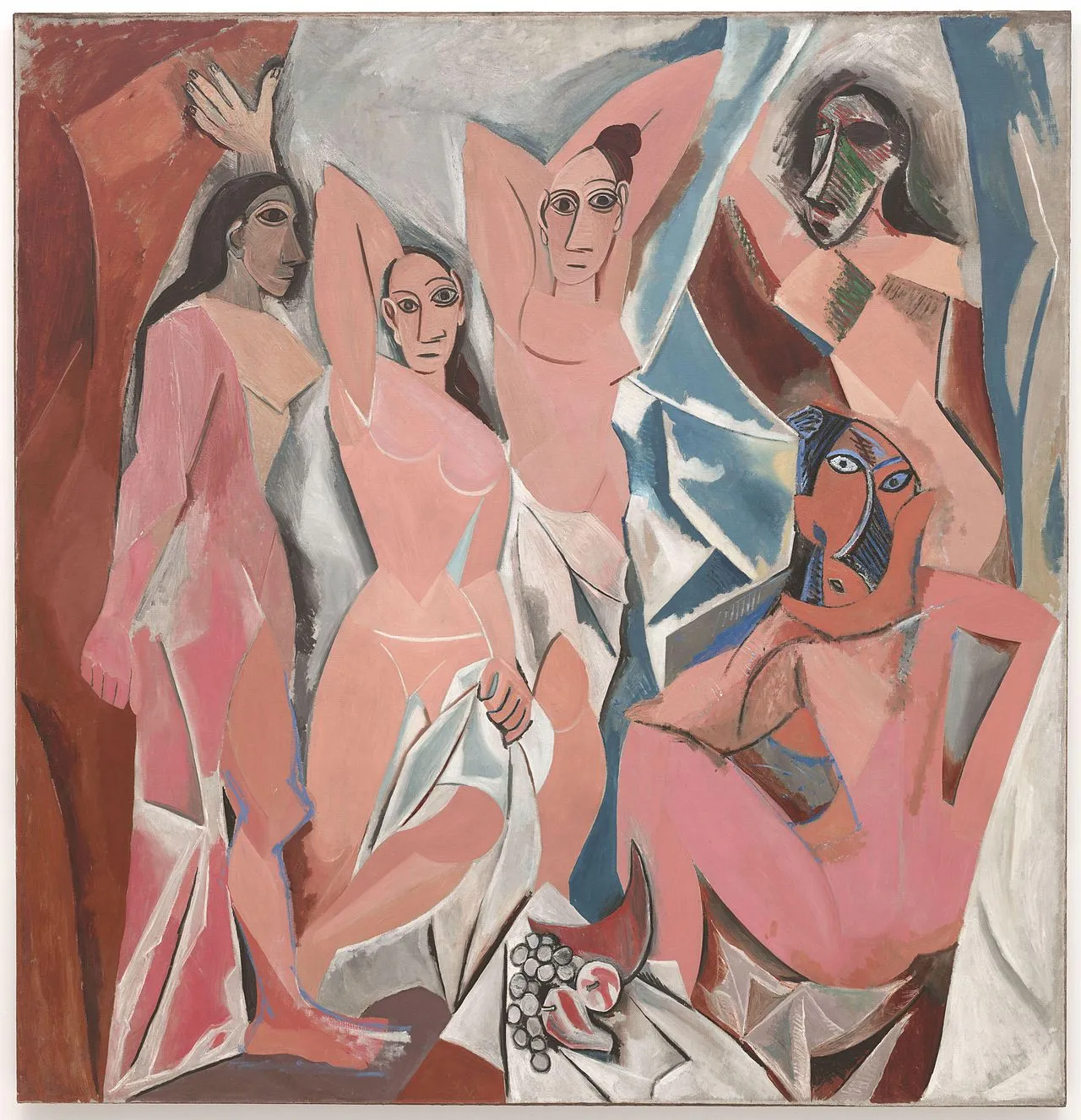 Les Demoiselles d'Avignon (1907) by Pablo Picasso, a large oil on canvas showing five angular figures with fragmented forms and faces influenced by African and Iberian masks