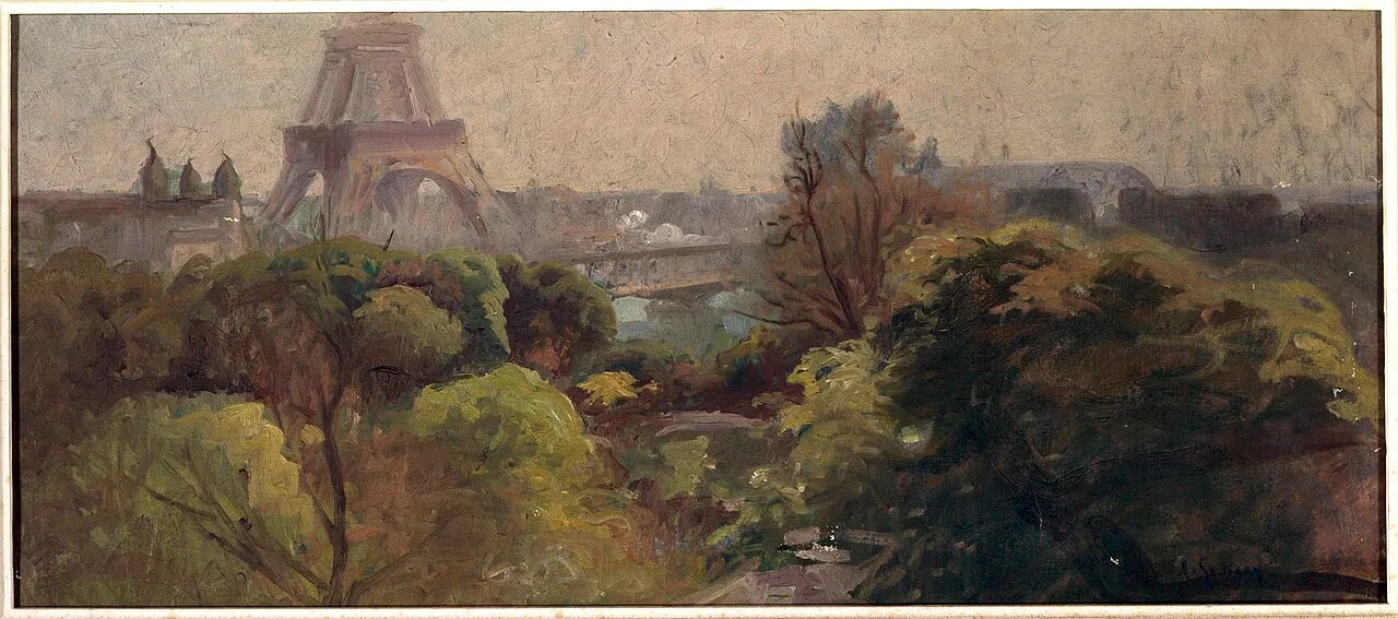 Adolphe-Ernest Gumery's La Tour Eiffel, vue du jardin Delessert (1903), an oil painting from the Musee Carnavalet showing the Eiffel Tower viewed from a Parisian garden, a picturesque view of the tower that had by 1903 become the defining landmark of the city that was the capital of the art world