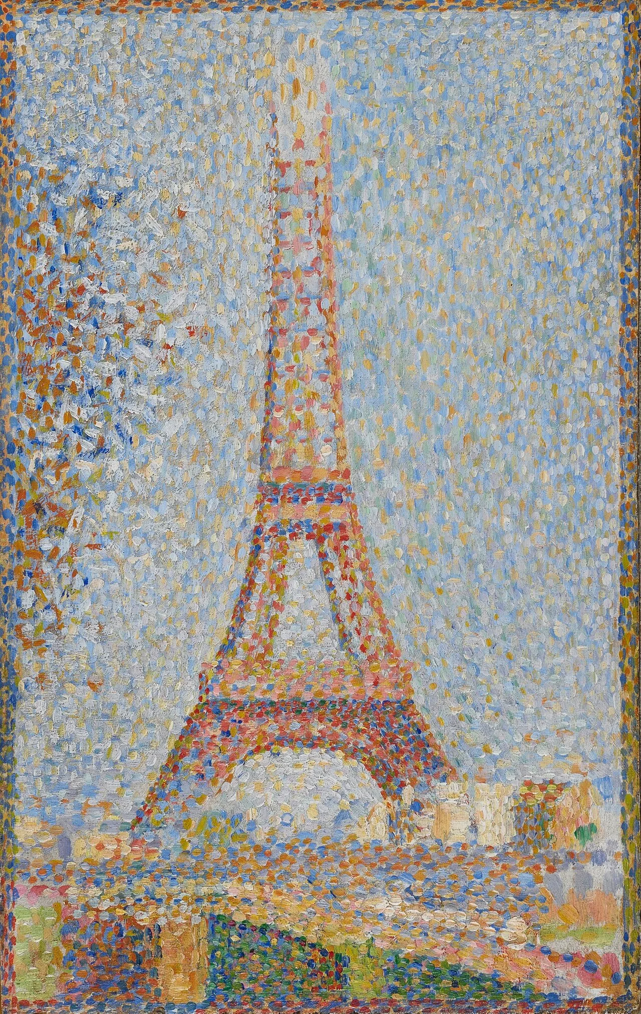 Georges Seurat's La Tour Eiffel (ca. 1889), a small oil on panel painting showing the Eiffel Tower painted in Seurat's pointillist style with tiny dots of color, the tower newly completed for the 1889 World's Fair in Paris, a symbol of modernity rendered in the most modern painting technique of the era