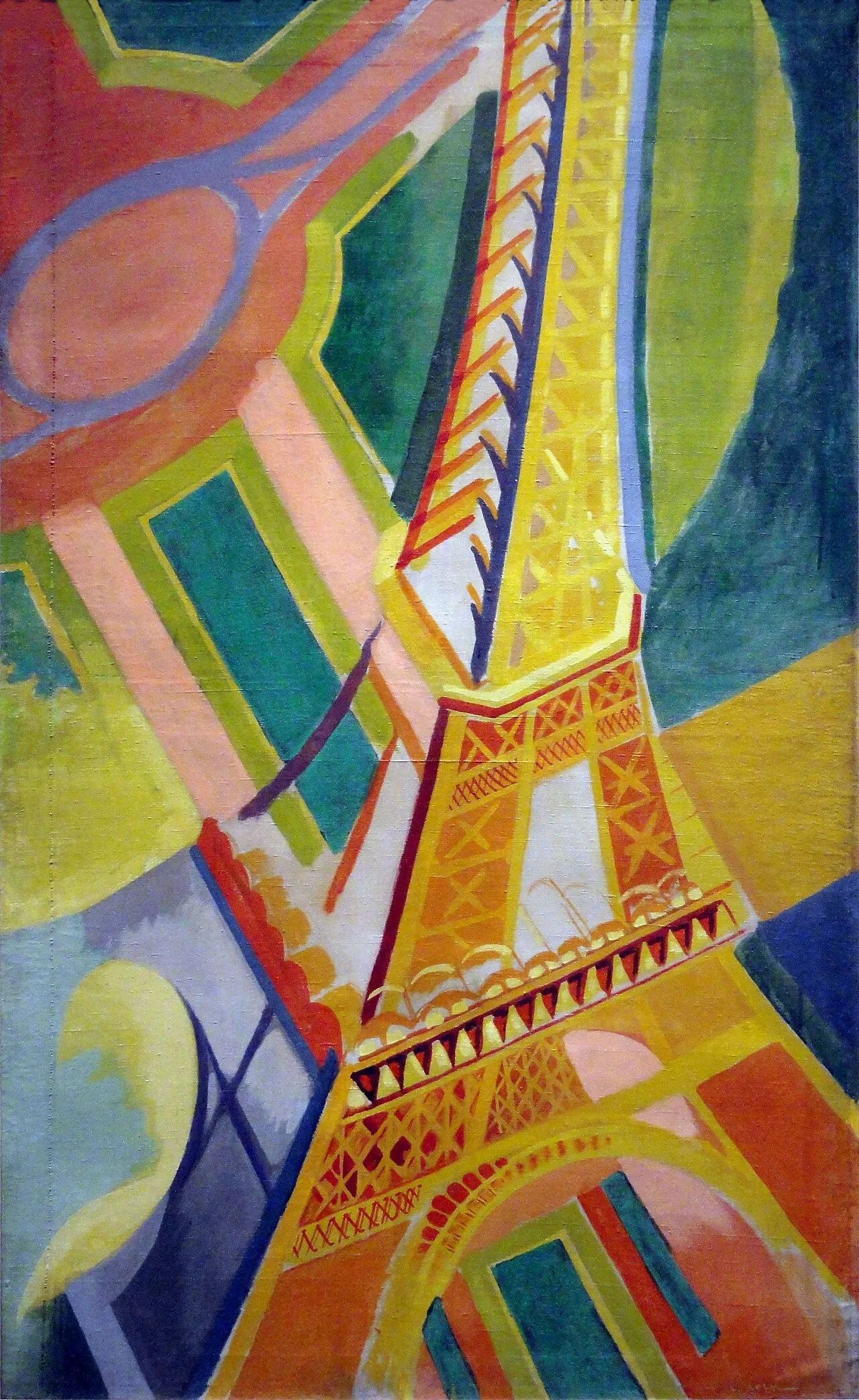 Robert Delaunay's Eiffel Tower (1926), an oil on canvas at the Musee d'Art Moderne de la Ville de Paris, showing the Eiffel Tower painted in Delaunay's signature Orphist style with fragmented color and geometric forms, the tower that became the symbol of modern Paris and its artistic ambitions