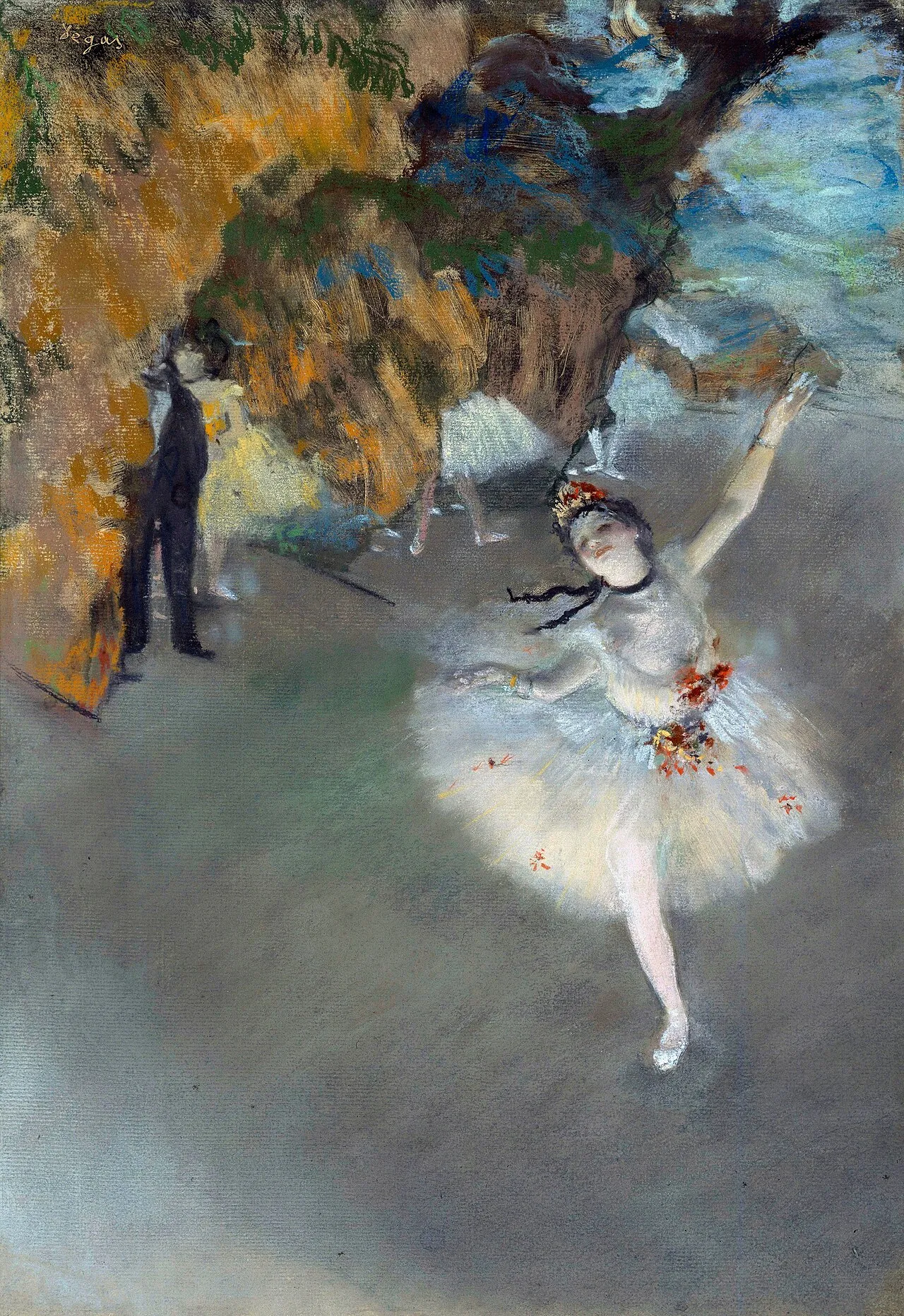 The Star (1878) by Edgar Degas, a pastel on paper showing a ballerina on stage with dramatic artificial lighting, demonstrating Degas's layered pastel technique