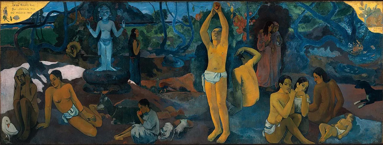 Paul Gauguin, Where Do We Come From What Are We Where Are We Going (1897-98), large-scale oil on canvas showing a frieze of Tahitian figures in a tropical landscape