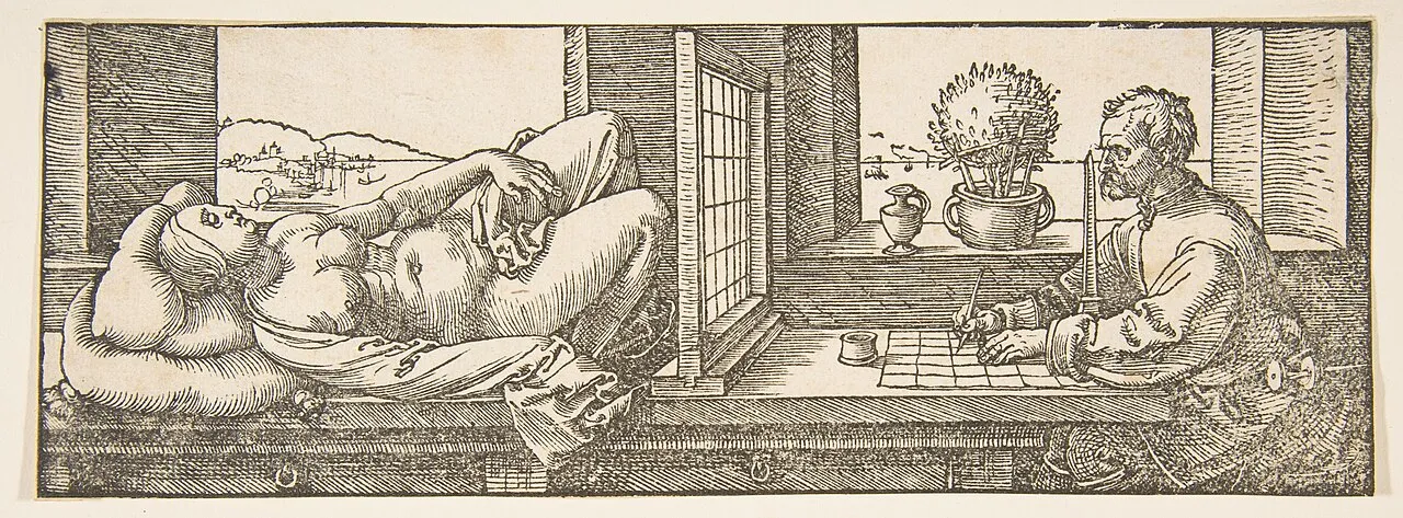 Draughtsman Drawing a Recumbent Woman (1525) by Albrecht Dürer, a woodcut showing an artist using a perspective grid device to draw a figure lying on a table