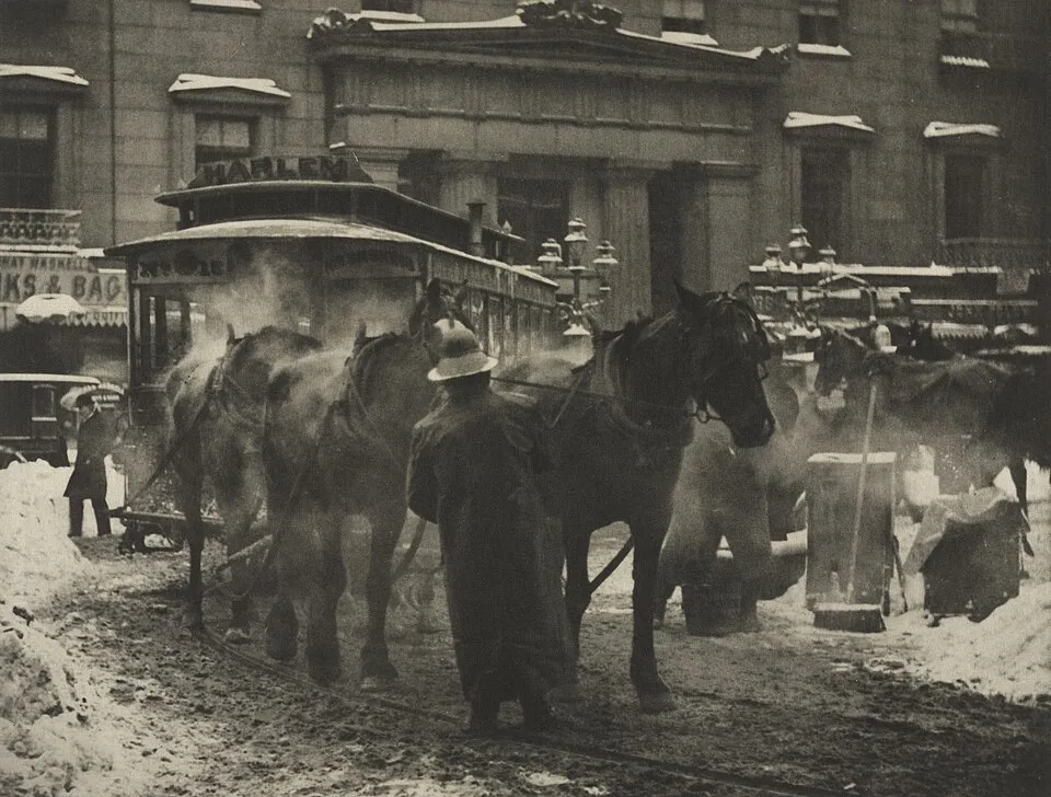 The Terminal (1892) by Alfred Stieglitz, showing a street scene with horse-drawn cars and steam in wintry New York City