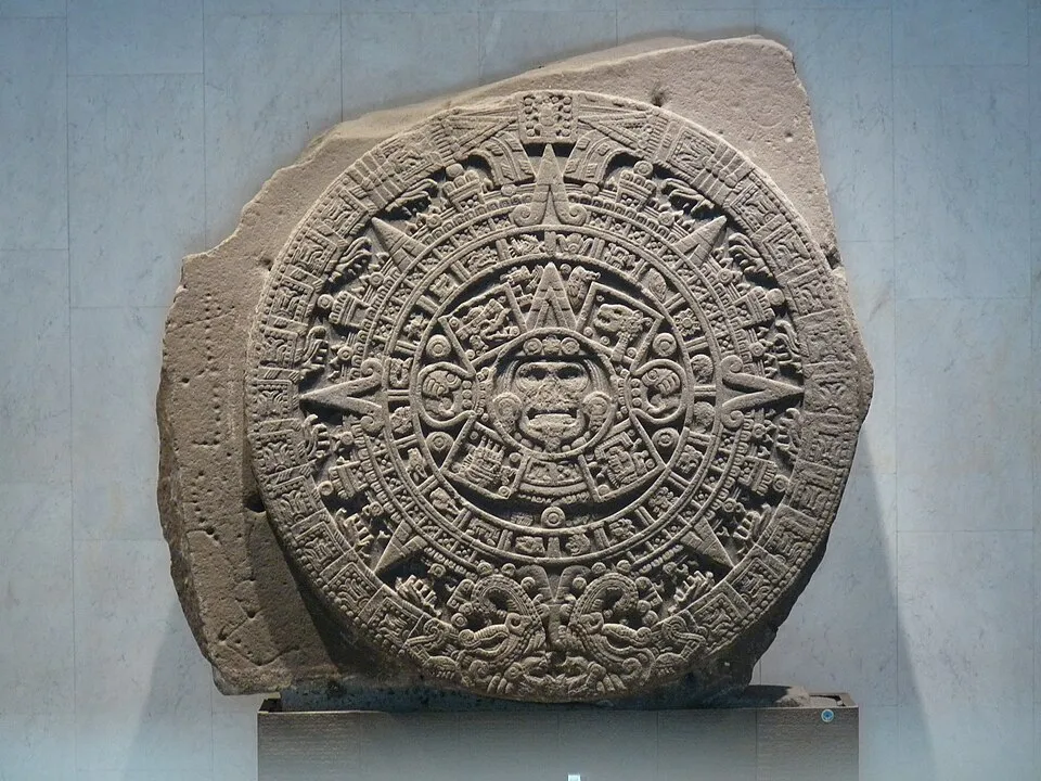 The Aztec Sun Stone (Stone of the Sun), c. 1511 AD, carved basalt, 3.6 meters diameter, 24 tons. National Museum of Anthropology, Mexico City