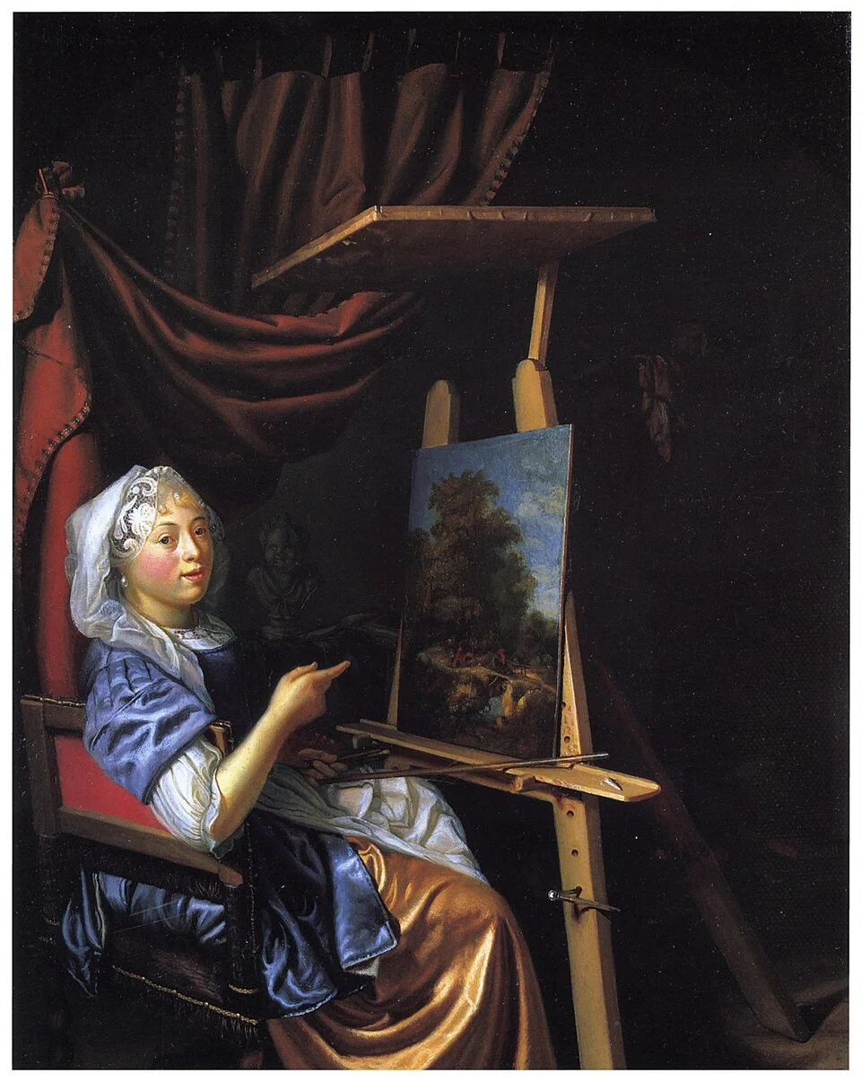 Maria Schalcken, self-portrait at her easel, showing the artist holding palette and brushes in her studio