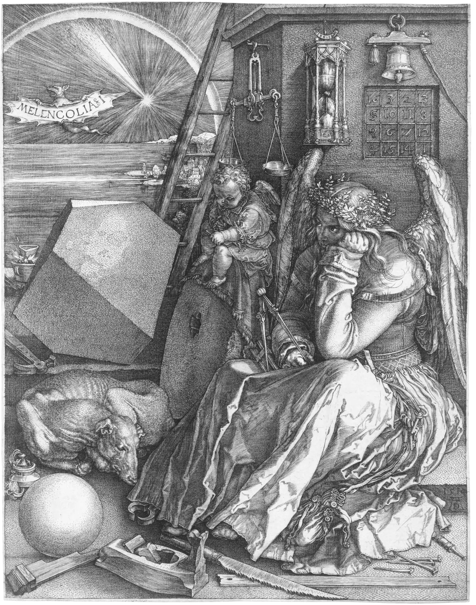 Melencolia I by Albrecht Dürer, a highly detailed engraving showing an angel surrounded by geometric and scientific instruments