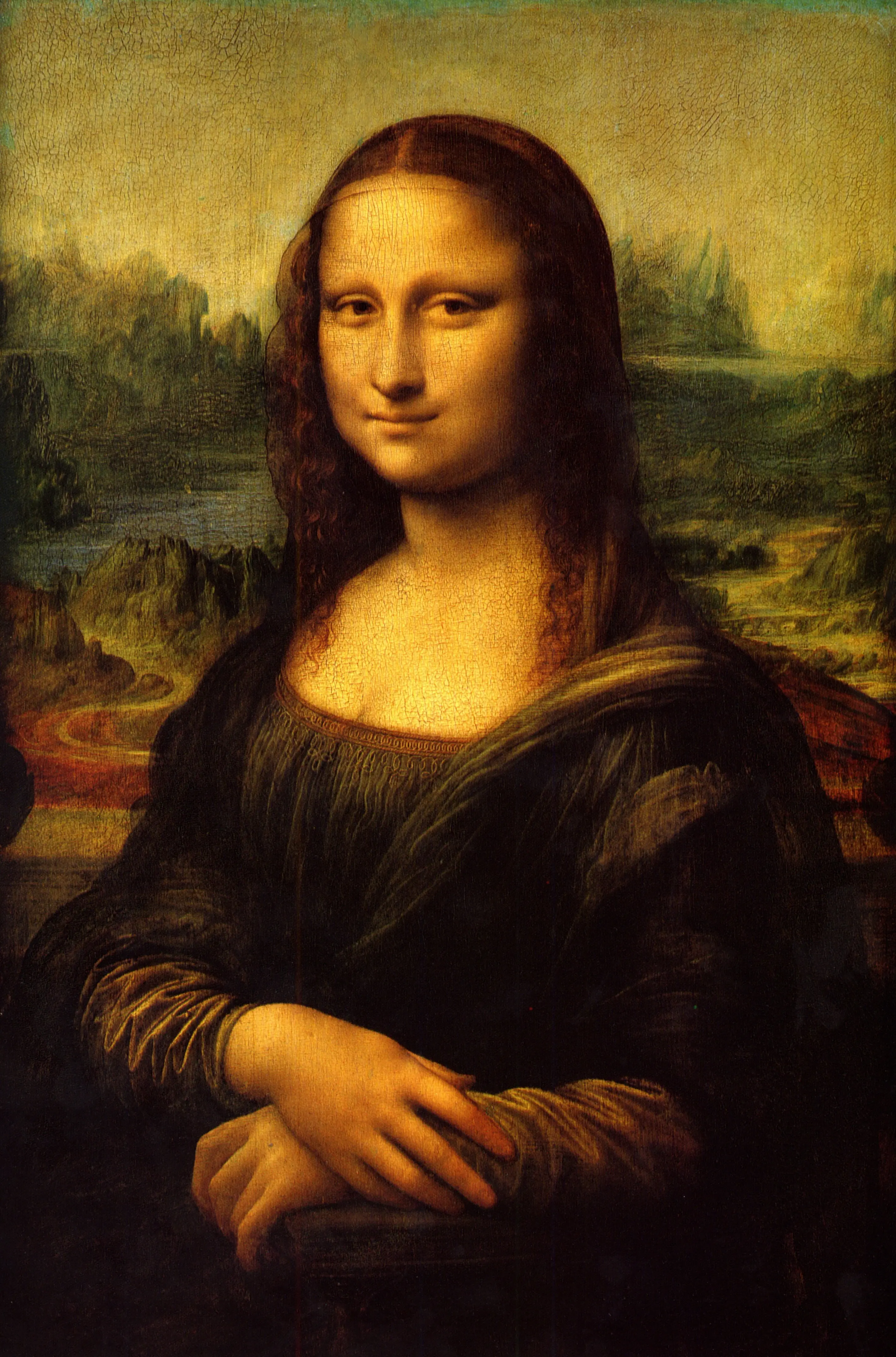 The Mona Lisa by Leonardo da Vinci, portrait of a woman with an enigmatic smile against a distant landscape