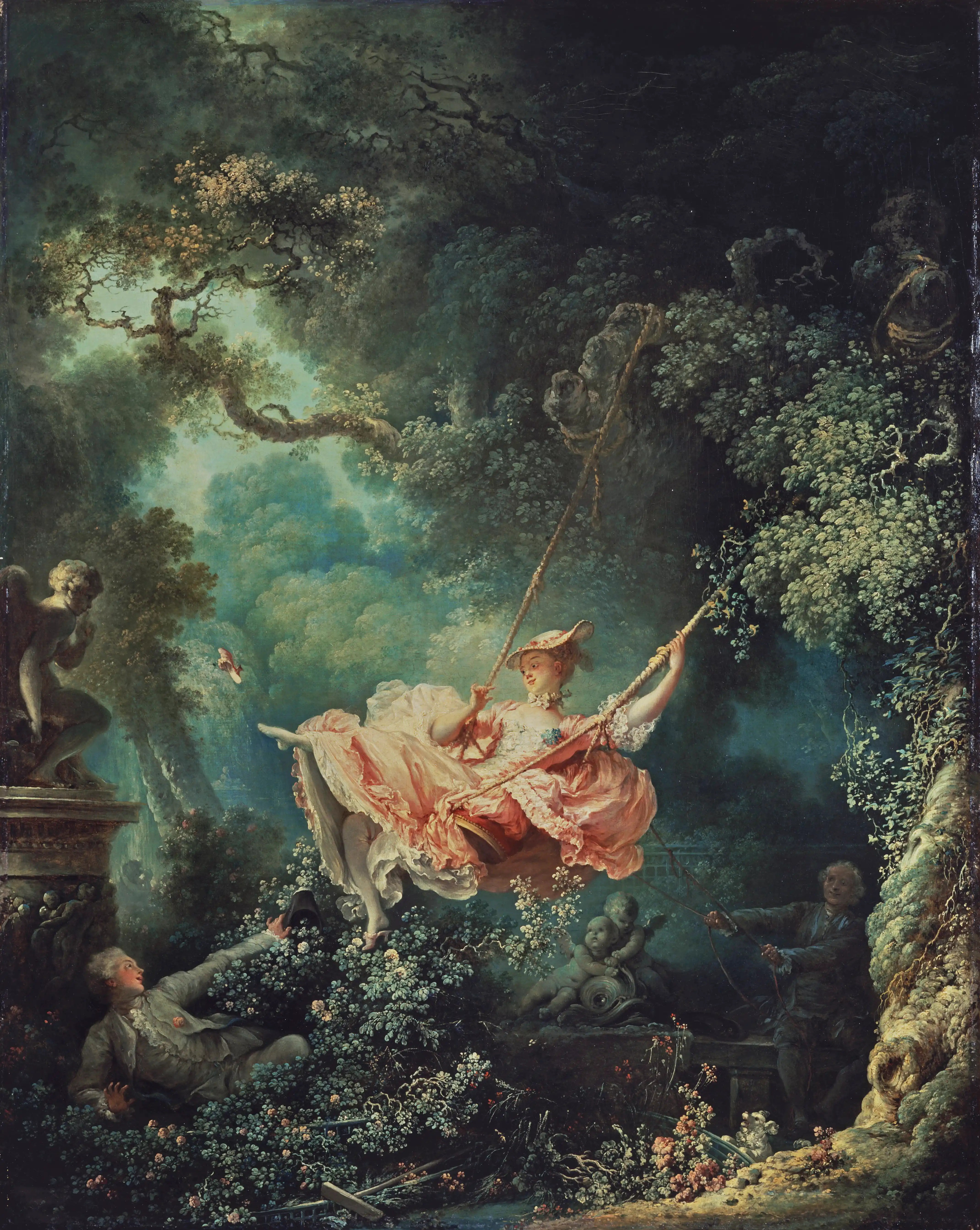 Jean-Honore Fragonard, The Swing (1767-68). A woman on a swing kicks off her shoe toward a statue of Cupid while a gentleman hides in the bushes below.