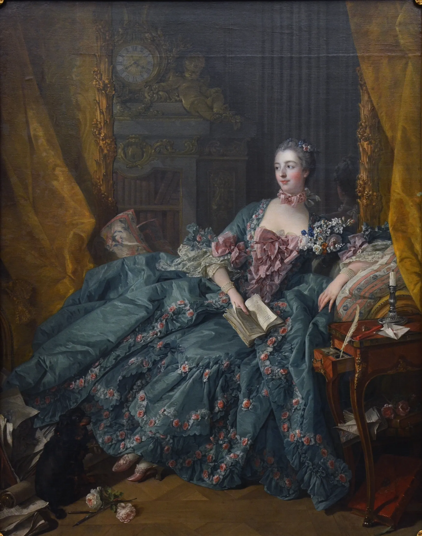 Francois Boucher, Madame de Pompadour (1756). The king's mistress in an elaborate garden dress, surrounded by flowers and decorative objects.