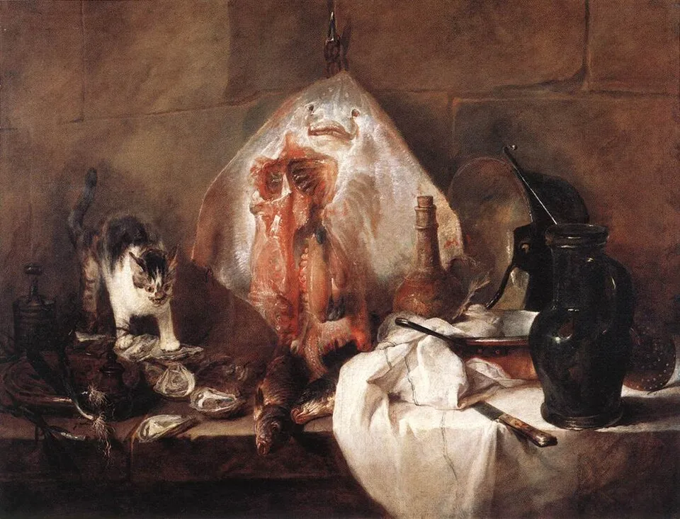 Jean-Baptiste-Simeon Chardin, The Ray (1728). A still life with a skate fish hanging on a wall, kitchen utensils, and a cat investigating the scene.
