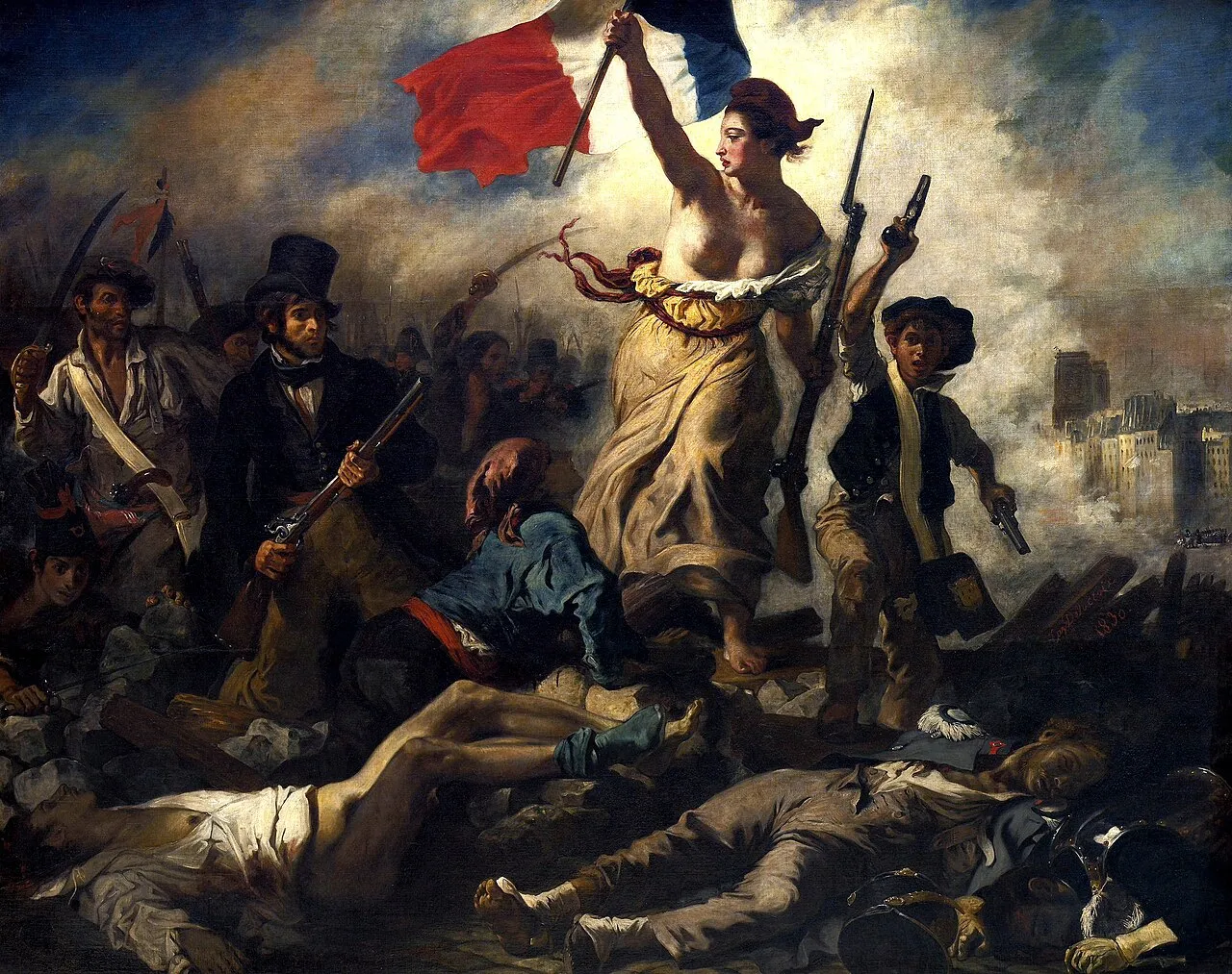 Liberty Leading the People (1830) by Eugène Delacroix, showing an allegorical figure of Liberty with a tricolor flag leading revolutionaries over barricades