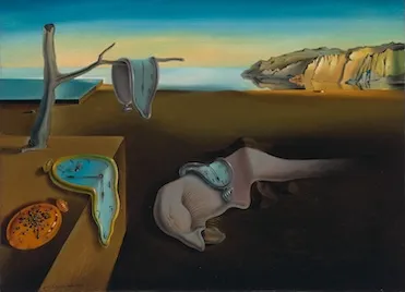 The Persistence of Memory (1931) by Salvador Dali showing melting pocket watches draped over a barren landscape with a distorted figure and cliffs in the background