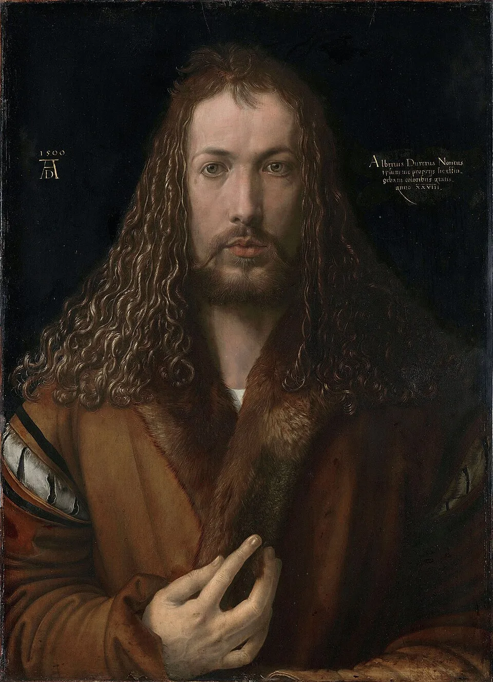 Albrecht Dürer, Self-Portrait with Fur-Trimmed Robe (1500). A frontal portrait of the artist at age 28, with long curly hair and a fur-trimmed robe, painted in a pose traditionally reserved for images of Christ, a radical assertion of the artist's divine creative power