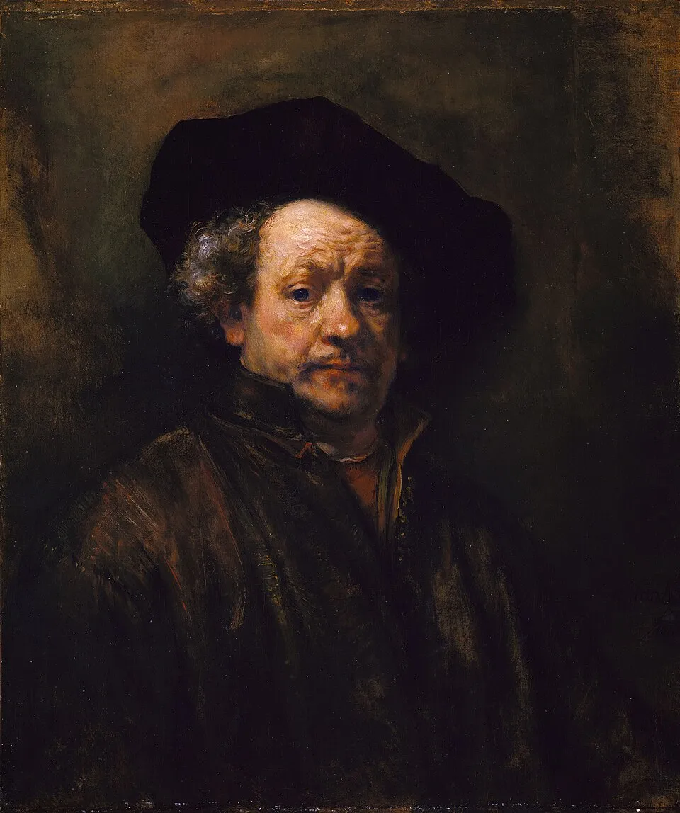Rembrandt van Rijn, Self-Portrait (1660). The artist at age 54, wearing a black cap and brown robe, his face lined with age and experience, looking directly at the viewer with an expression of weary self-knowledge