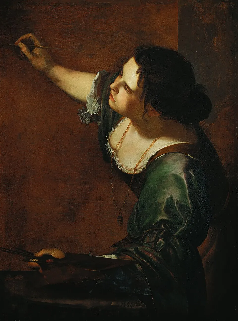 Artemisia Gentileschi, Self-Portrait as the Allegory of Painting (c. 1638-1639). The artist depicts herself as La Pittura, the personification of Painting, with disheveled hair, a mask around her neck, and a brush in hand, merging her identity with the art she practices
