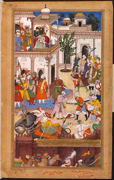 A Mughal miniature painting, the tradition that emerged under Emperor Akbar in the 16th century, synthesizing Persian manuscript illumination with Indian, Rajput, and European influences, and which was revived as a contemporary art form at the National College of Arts in Lahore in the 1990s