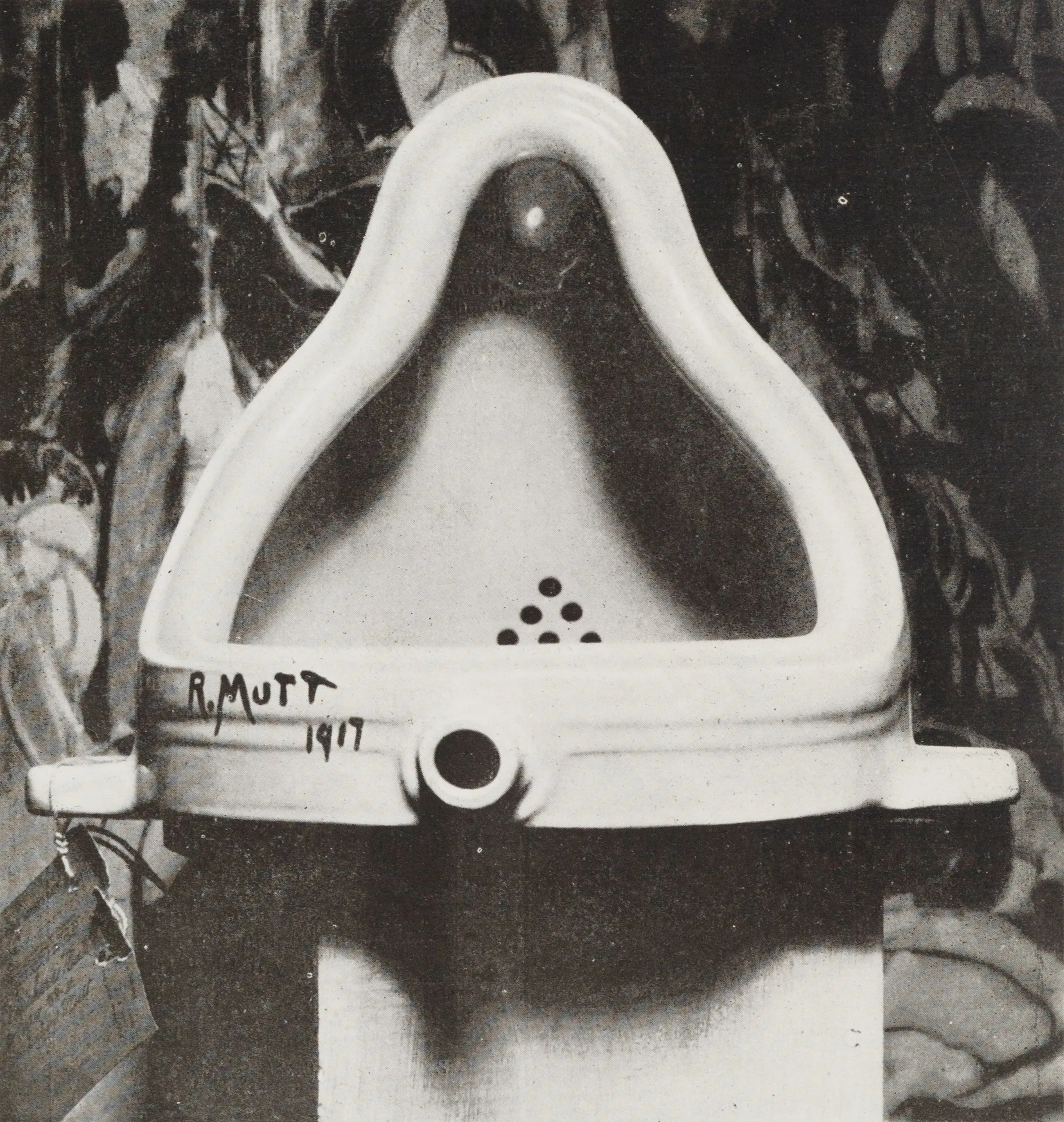 Fountain (1917) by Marcel Duchamp, a porcelain urinal signed R. Mutt, photographed by Alfred Stieglitz