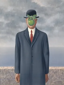 The Son of Man (1964) by René Magritte, showing a man in a bowler hat with a green apple floating in front of his face