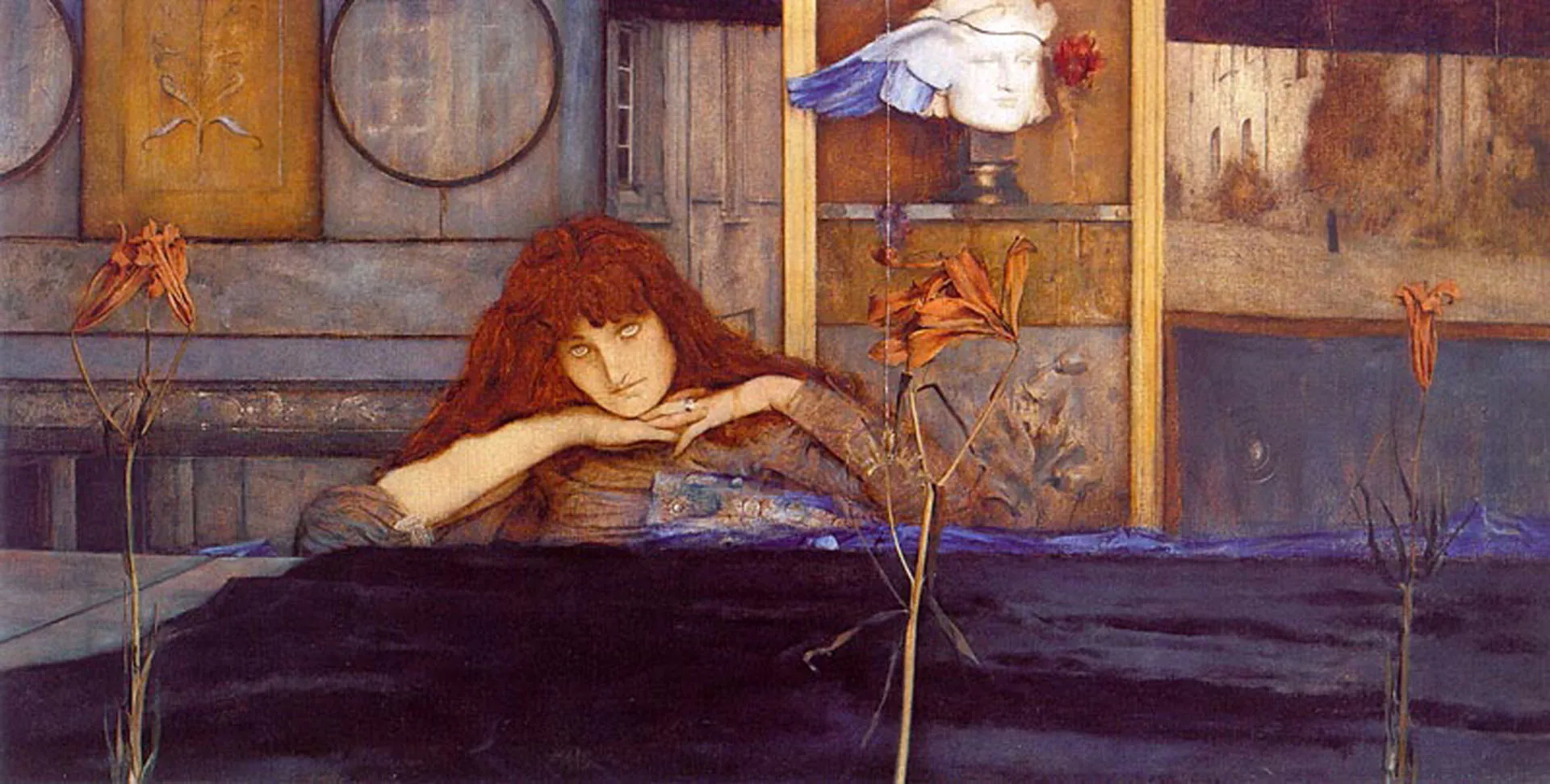 Fernand Khnopff, I Lock My Door Upon Myself (1891). A woman in a blue robe seated in an interior with a framed landscape and symbolic objects, eyes closed in introspection.