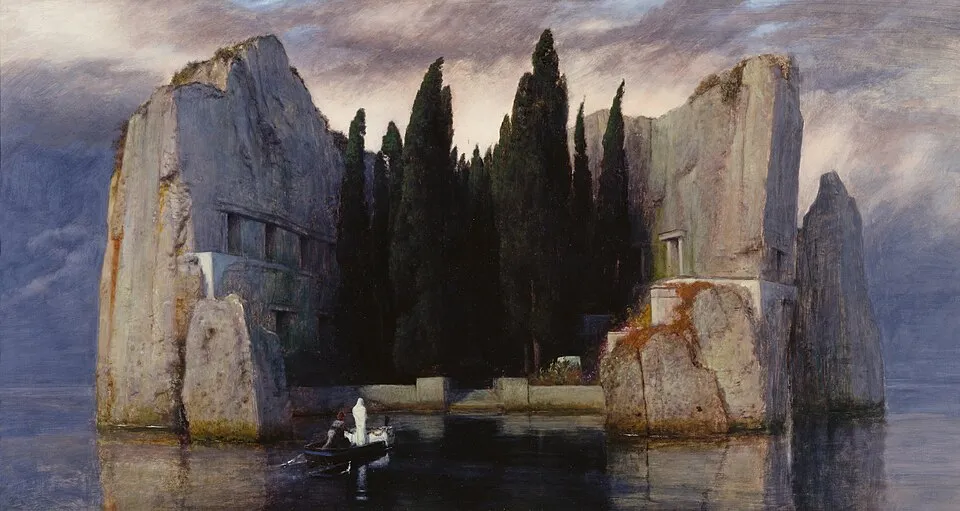Arnold Bocklin, Isle of the Dead, third version (1883). A rocky island with dark cypress trees, a small boat arriving at a water gate with a white-clad figure and a coffin.
