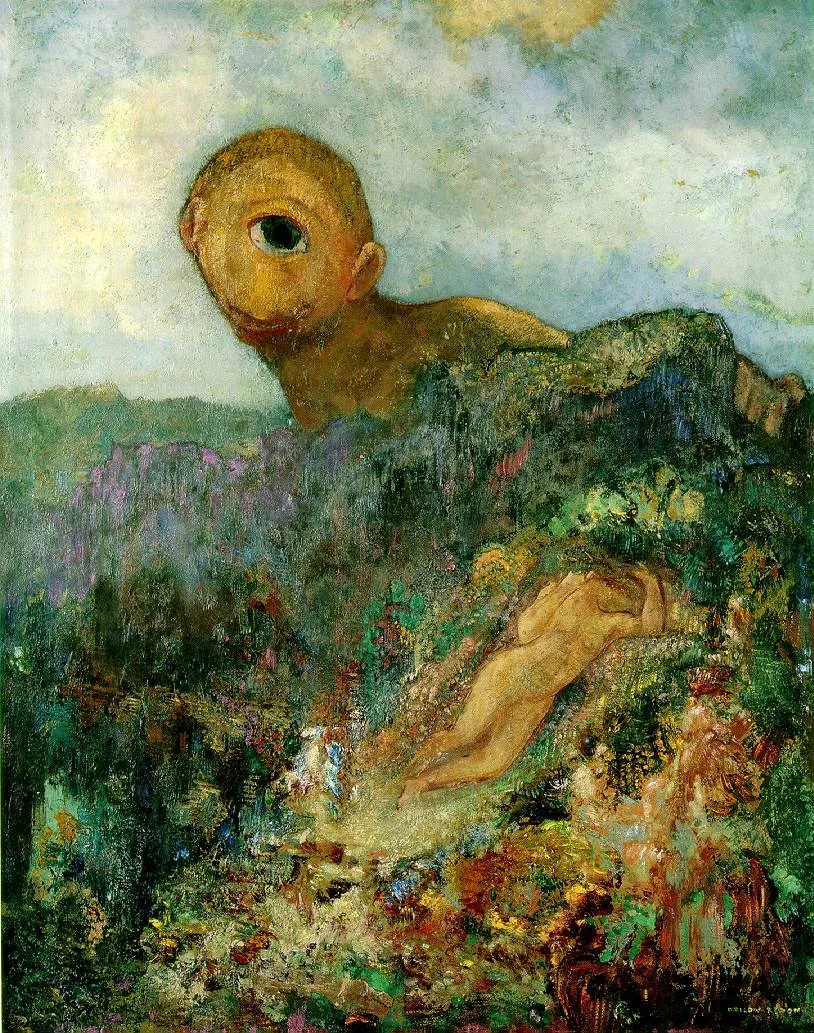 Odilon Redon, The Cyclops (c. 1898-1900). A giant eye and head emerging from a mountainous landscape in pastel colors, with a small figure in the foreground.