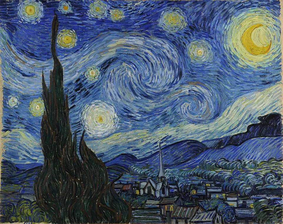 The Starry Night by Vincent van Gogh showing thick swirling impasto brushwork in the night sky over a village