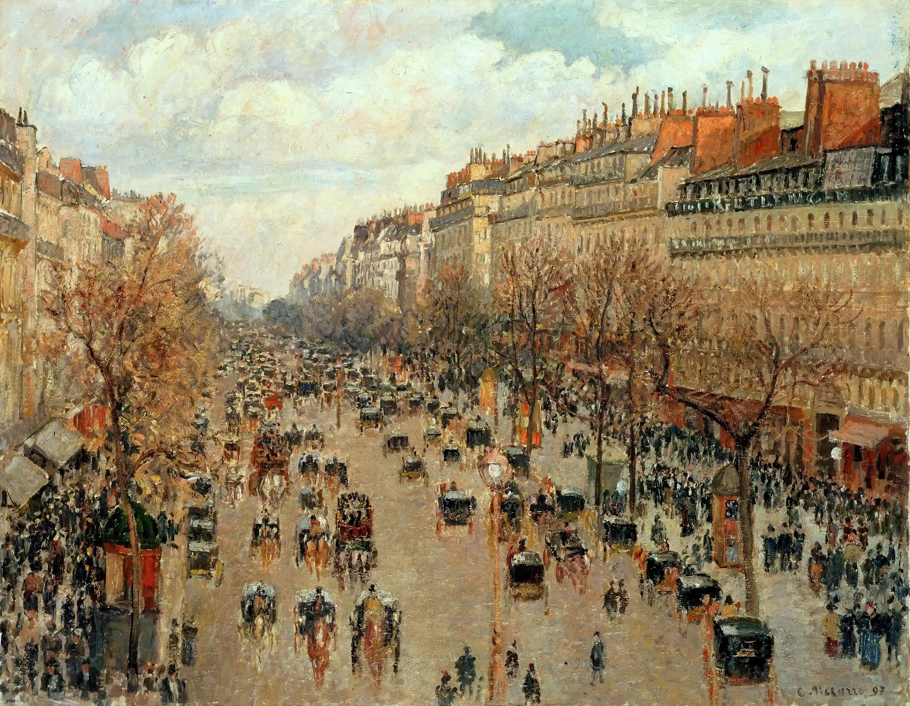 Boulevard Montmartre by Camille Pissarro showing textured brushwork depicting a Paris boulevard