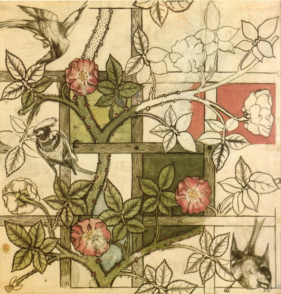 William Morris, design for Trellis wallpaper (1862). A garden trellis with roses, birds, and climbing plants in a repeating pattern.