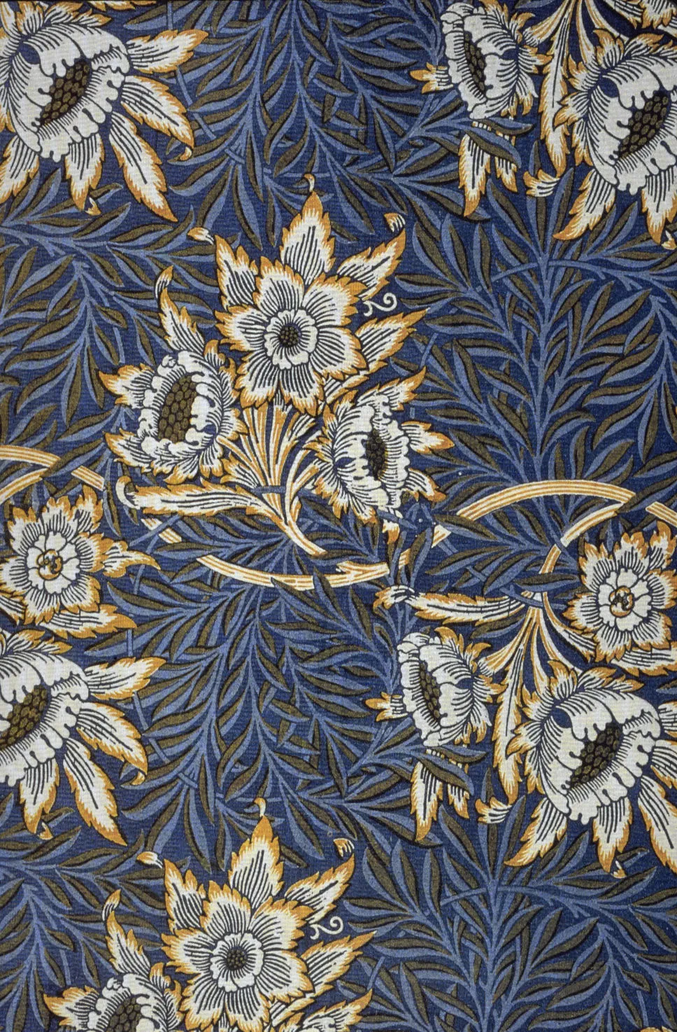 William Morris, Tulip and Willow (1873). A wallpaper design with interlacing tulips, willow leaves, and birds in muted green and brown tones.