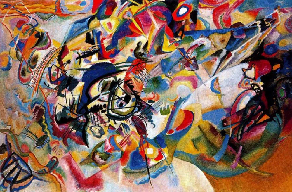 Composition VII by Wassily Kandinsky, an abstract painting with swirling colors and geometric forms