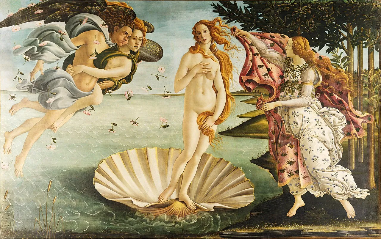 The Birth of Venus (c.1484-1486) by Sandro Botticelli, tempera on canvas, showing Venus standing on a shell at the shore while wind gods blow her toward land and a goddess offers a flower-embroidered cloak