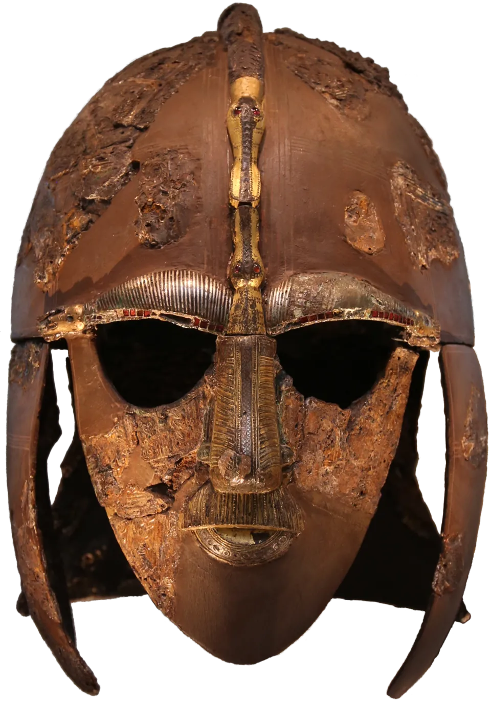 The Sutton Hoo helmet, an Anglo-Saxon iron helmet with bronze and tin decoration, featuring eyebrow ridges, a nose guard, and a moustache, giving it a human face.