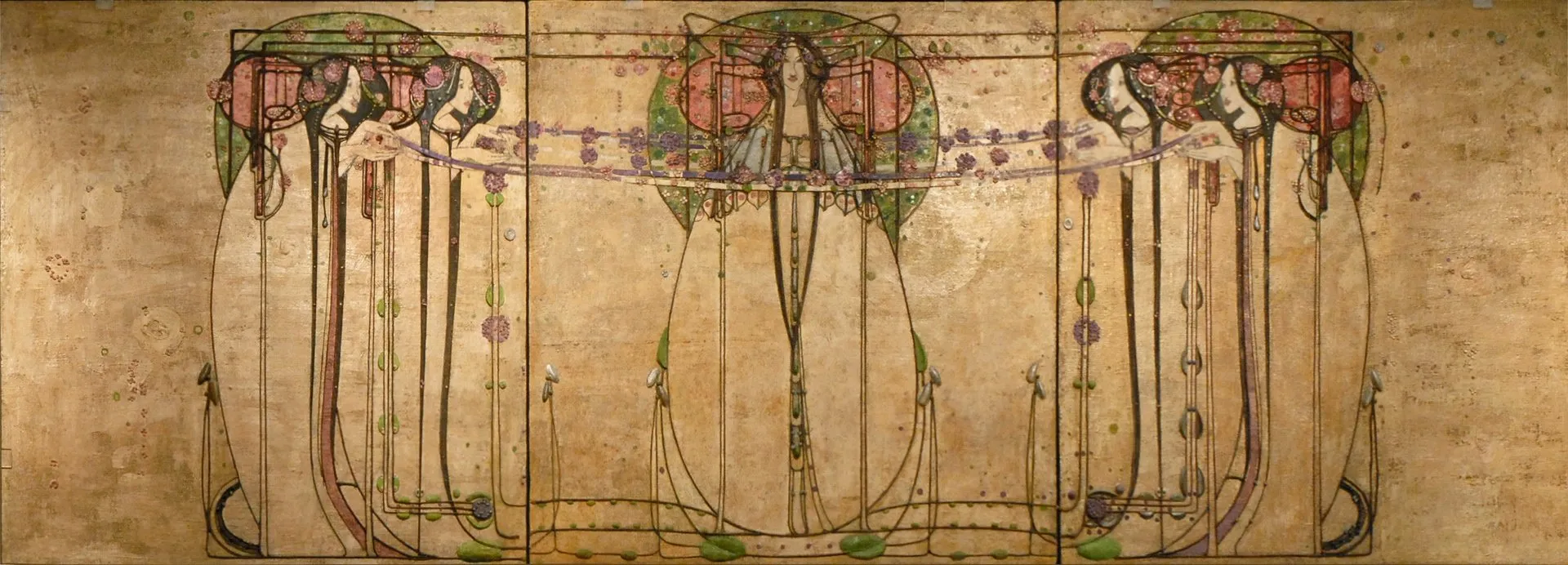 Margaret Macdonald Mackintosh, The May Queen, 1900. A gesso panel with a stylized female figure surrounded by flowing lines, flowers, and geometric forms in white and gold.