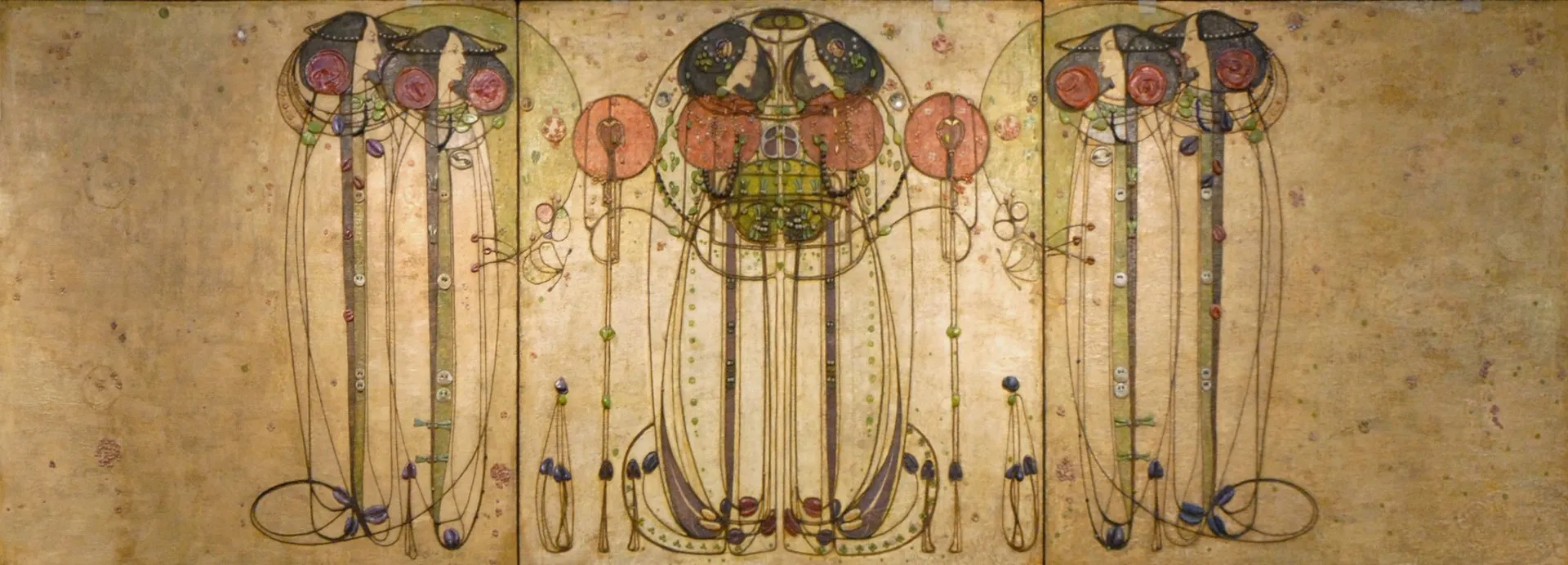 Charles Rennie Mackintosh, The Wassail, 1900. A large gesso panel with stylized figures and trees in muted greens, golds, and blues, showing Celtic and Art Nouveau influences.