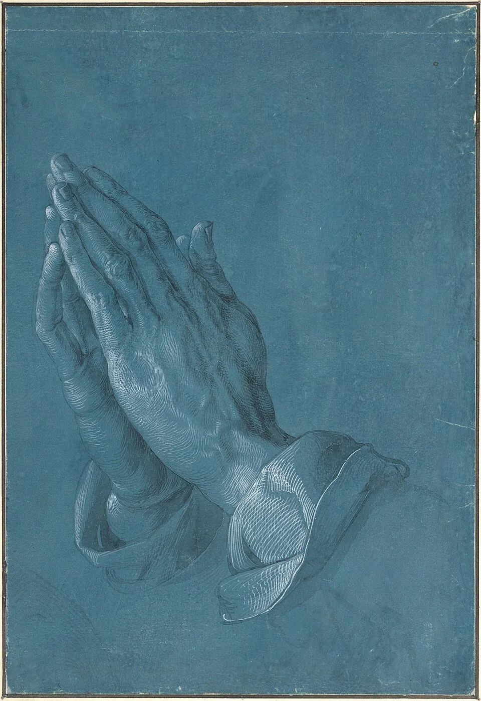 Albrecht Dürer, Praying Hands (c. 1508). A study of two hands pressed together in prayer, drawn with fine brush strokes on blue paper, the most reproduced religious image in art history