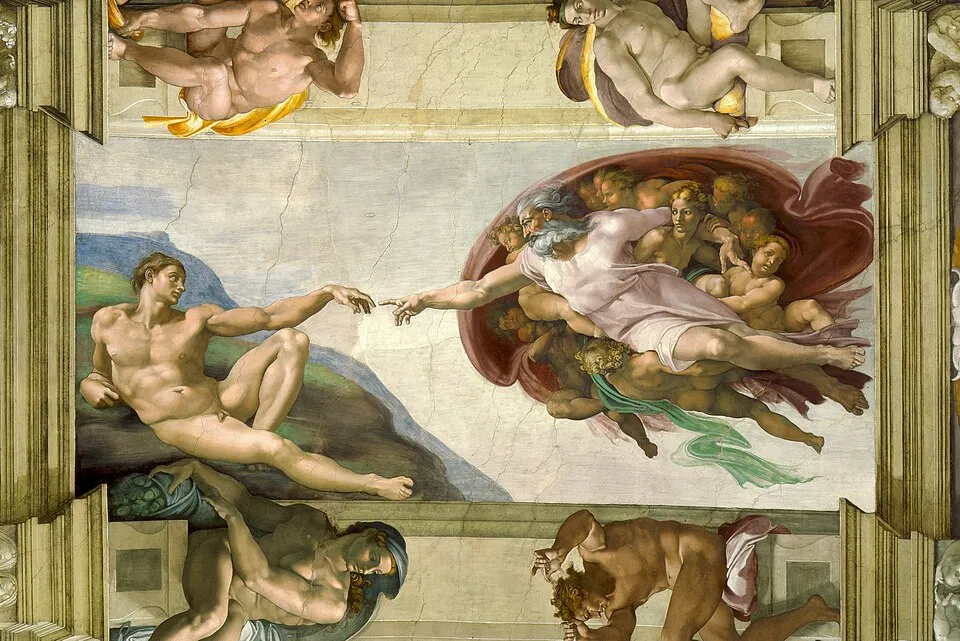 Michelangelo, The Creation of Adam (c. 1512). God reaches out from the right with his right hand, extending his index finger toward Adam on the left, whose limp hand reaches back, the nearly-touching fingers are the most famous hand gesture in art history