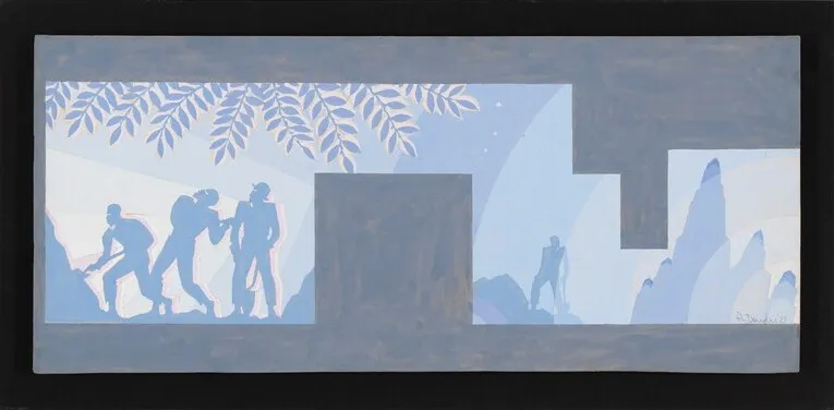 Aaron Douglas, Mural Study for Cravath Hall, Fisk University. A study showing Douglas's signature concentric circles and silhouetted figures in muted tones.