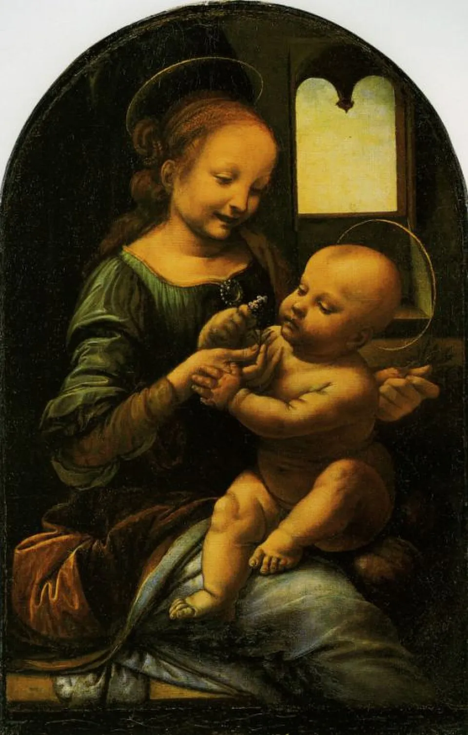 Leonardo da Vinci, Madonna Benois (c. 1475-1478). The Virgin Mary holding the Christ Child, both absorbed in a game with a flower, painted with Leonardo's early chiaroscuro technique