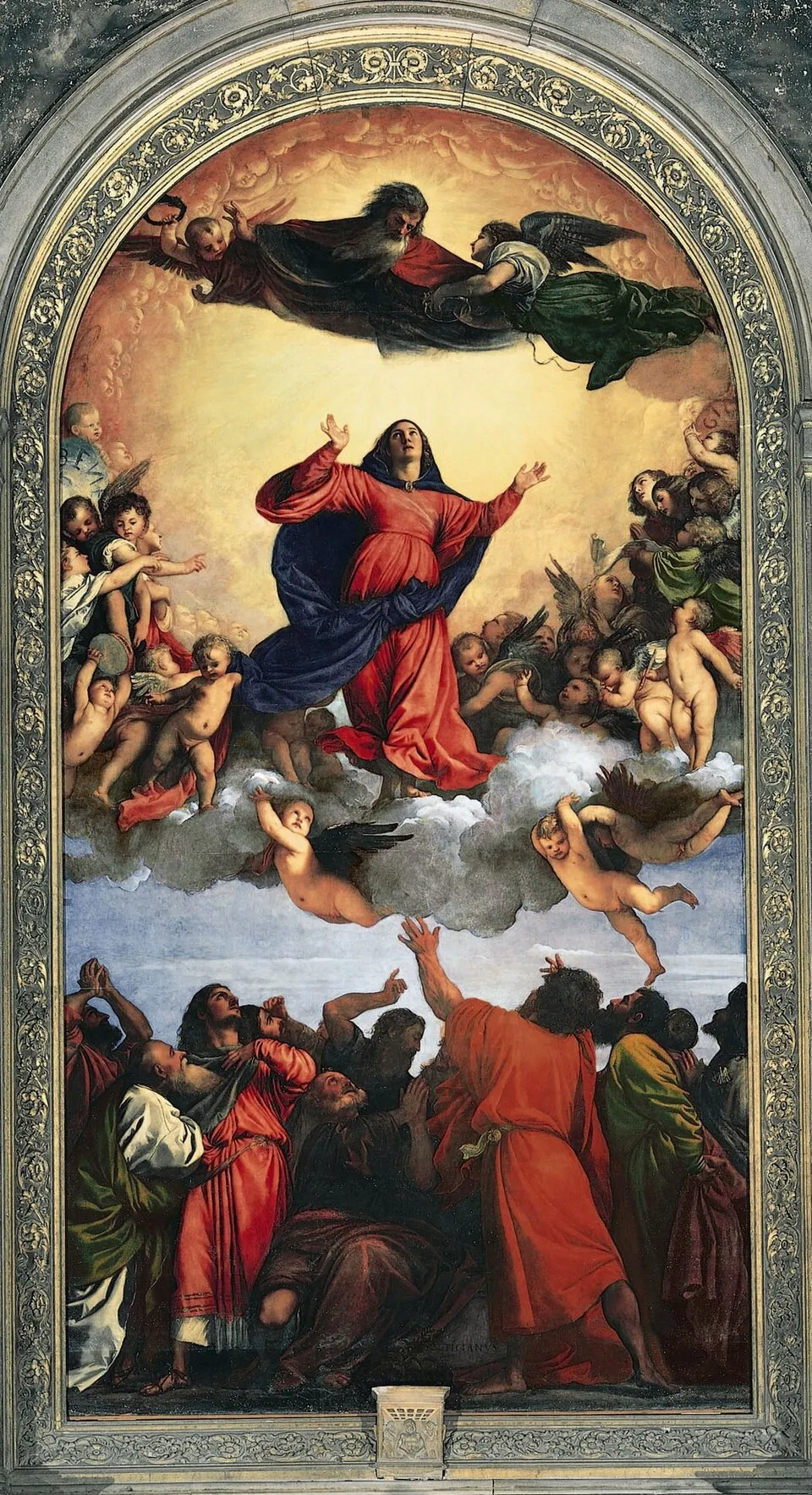 Titian, Assumption of the Virgin (1516-1518). The Virgin Mary rises to heaven surrounded by angels, with God the Father above, rendered in a brilliant ultramarine blue robe against a golden sky