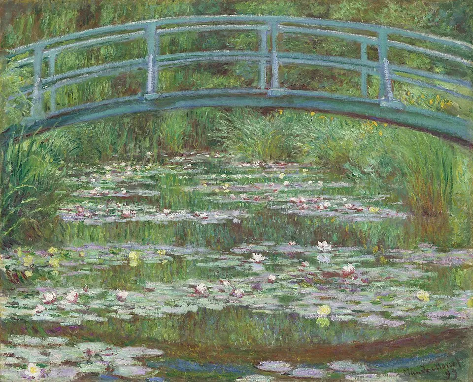 Claude Monet, The Japanese Bridge (1899). A green wooden bridge over a water lily pond, surrounded by lush green vegetation, demonstrating Monet's use of viridian and emerald green