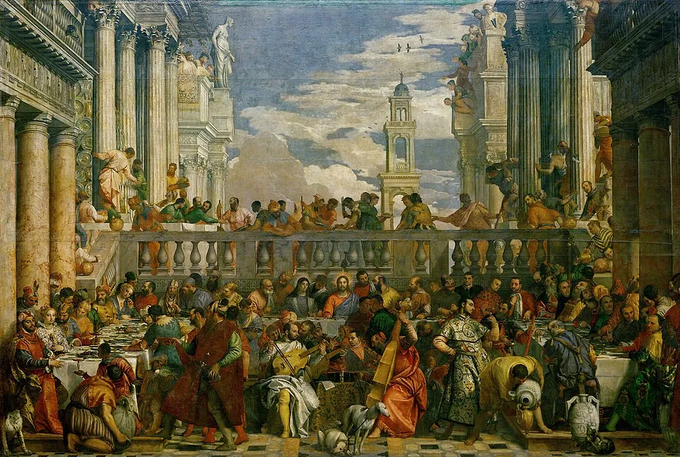 Paolo Veronese, The Wedding at Cana (1563). A vast banquet scene with figures in green, red, and gold robes, demonstrating the use of verdigris green in Venetian Renaissance painting