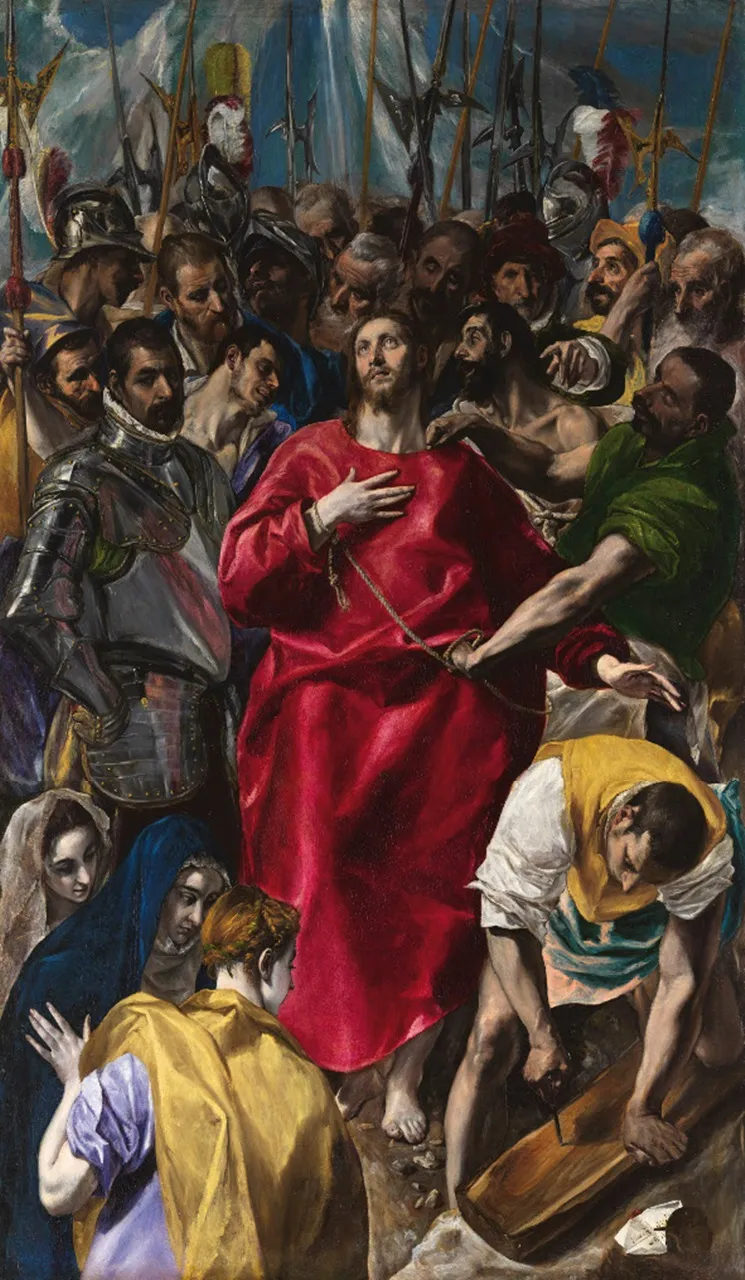 El Greco, The Disrobing of Christ (1577-1579). Christ in a brilliant red robe, surrounded by figures preparing to crucify him, the red drapery dominating the composition