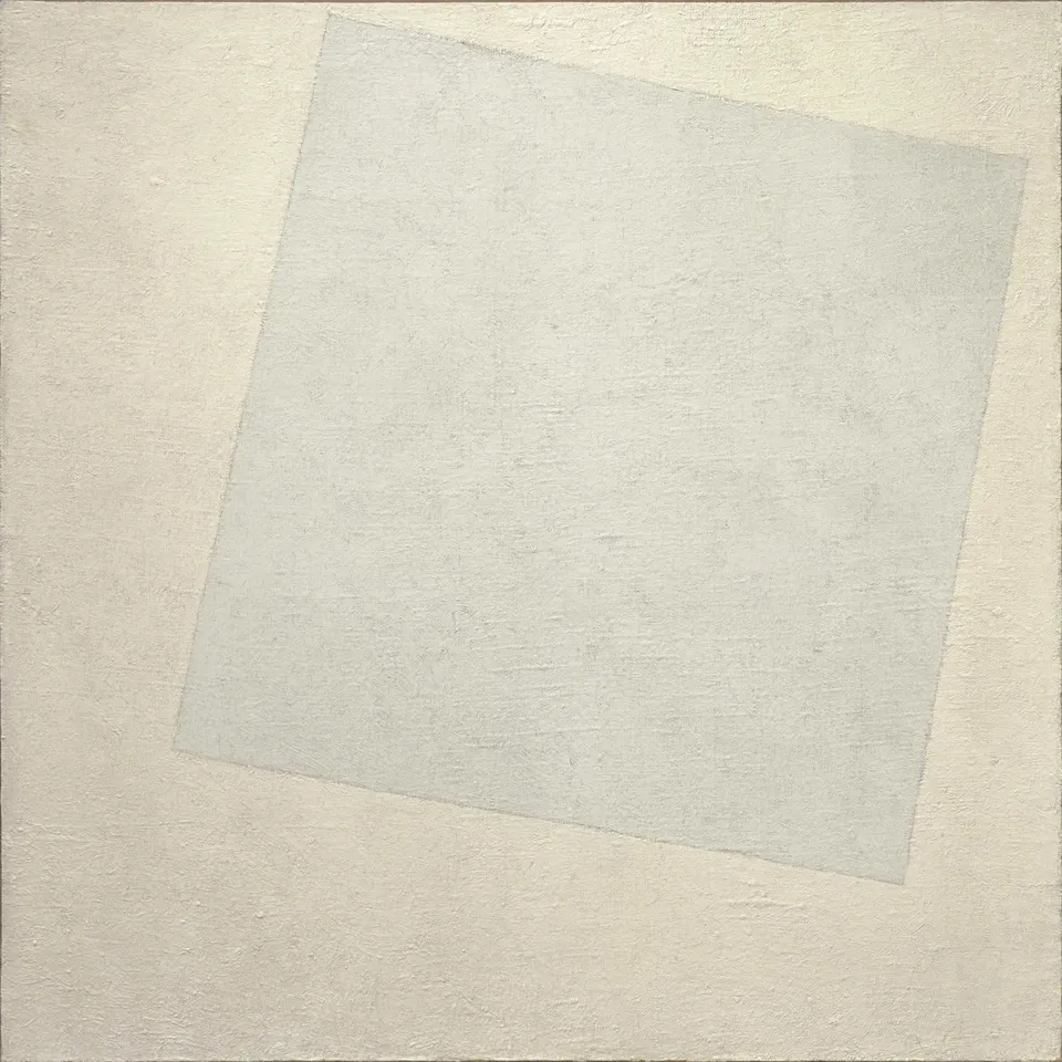 Kazimir Malevich, Suprematist Composition: White on White (1918). A white square painted on a slightly different white background, creating a subtle geometric composition that challenges the viewer's perception