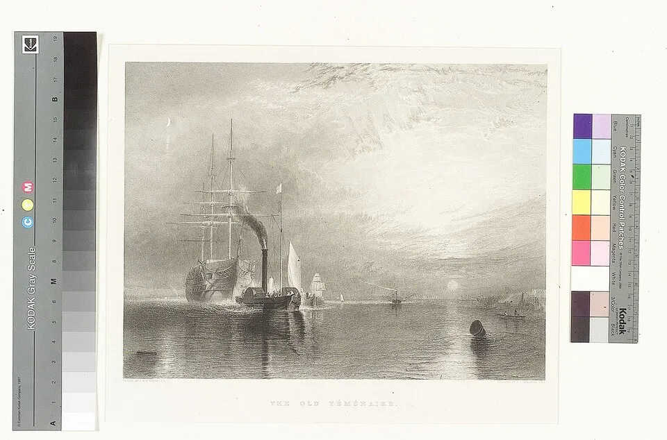 J.M.W. Turner, The Fighting Temeraire (1839). A ghostly white ship being towed by a black steam tug, with a golden yellow sunset sky behind, demonstrating Turner's use of chrome yellow and Indian yellow
